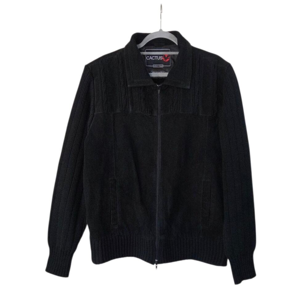 Vintage Cactus Black Leather Front Zip Knit Sweater Bomber Jacket, Men's Medium